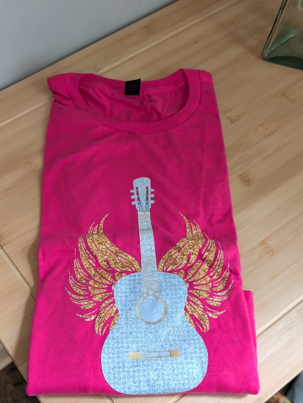 Gildan Hot Pink Tee with Metallic Gold Winged Guitar Graphic 3XL